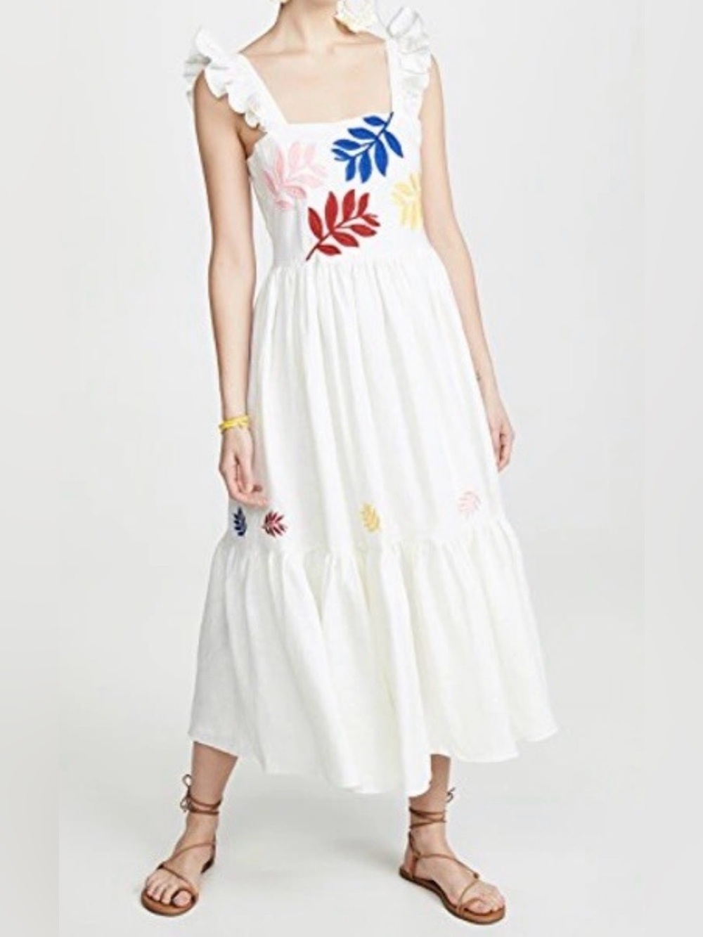 Carolina K cream Tiered Midi  Dress with Multicolor Leaf Embroidery 100% linen